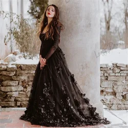 Lena Graduation Dresses for Formal Occasions Lace Embroidered Long Sleeve A Line Sexy Black 3D Flowers Serin Evening Dresses