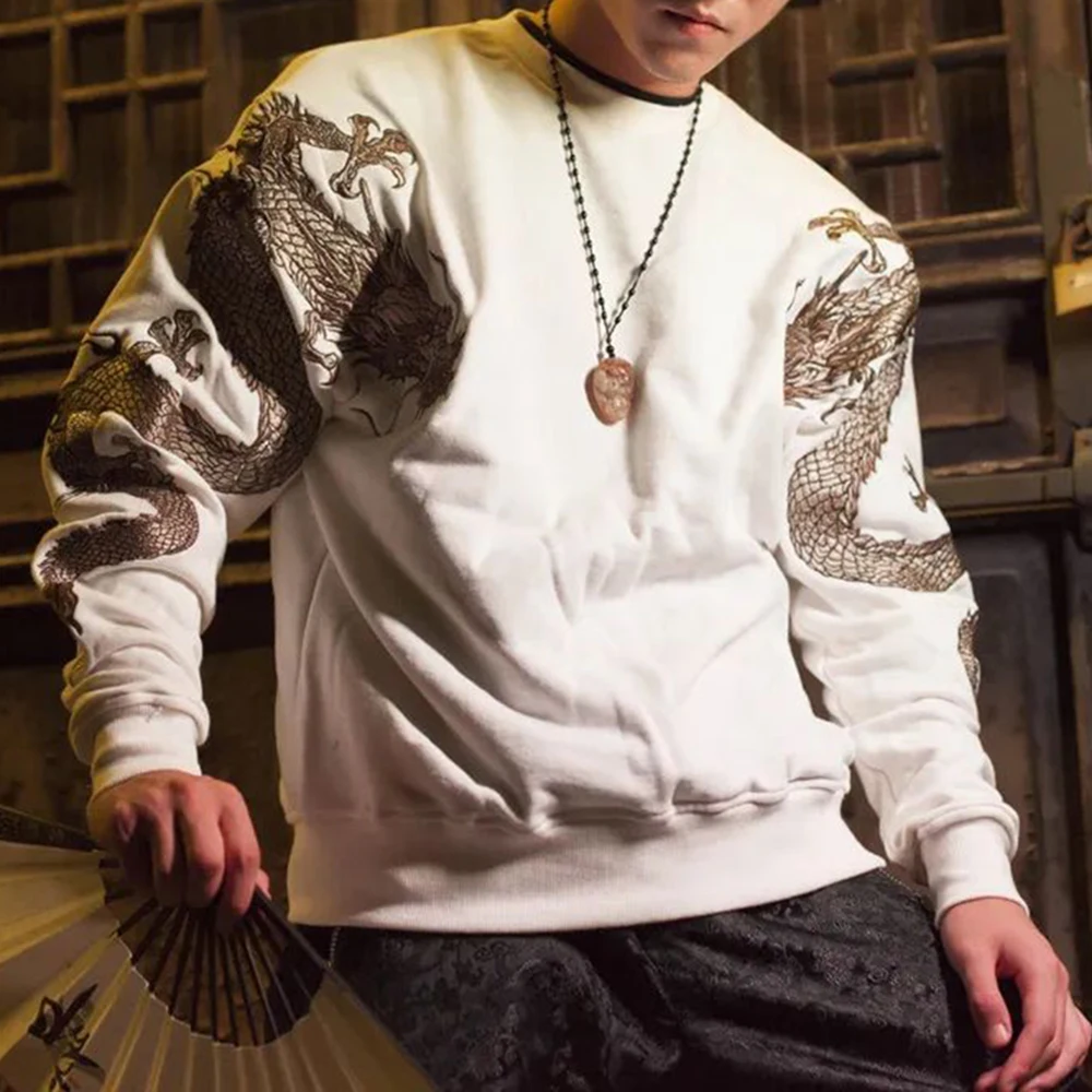 

2024 Chinese Style Men Clothing Double Arm Golden Dragon Domineering Totem Embroidery Hiphop Sweatshirt Street Retro Mens Design