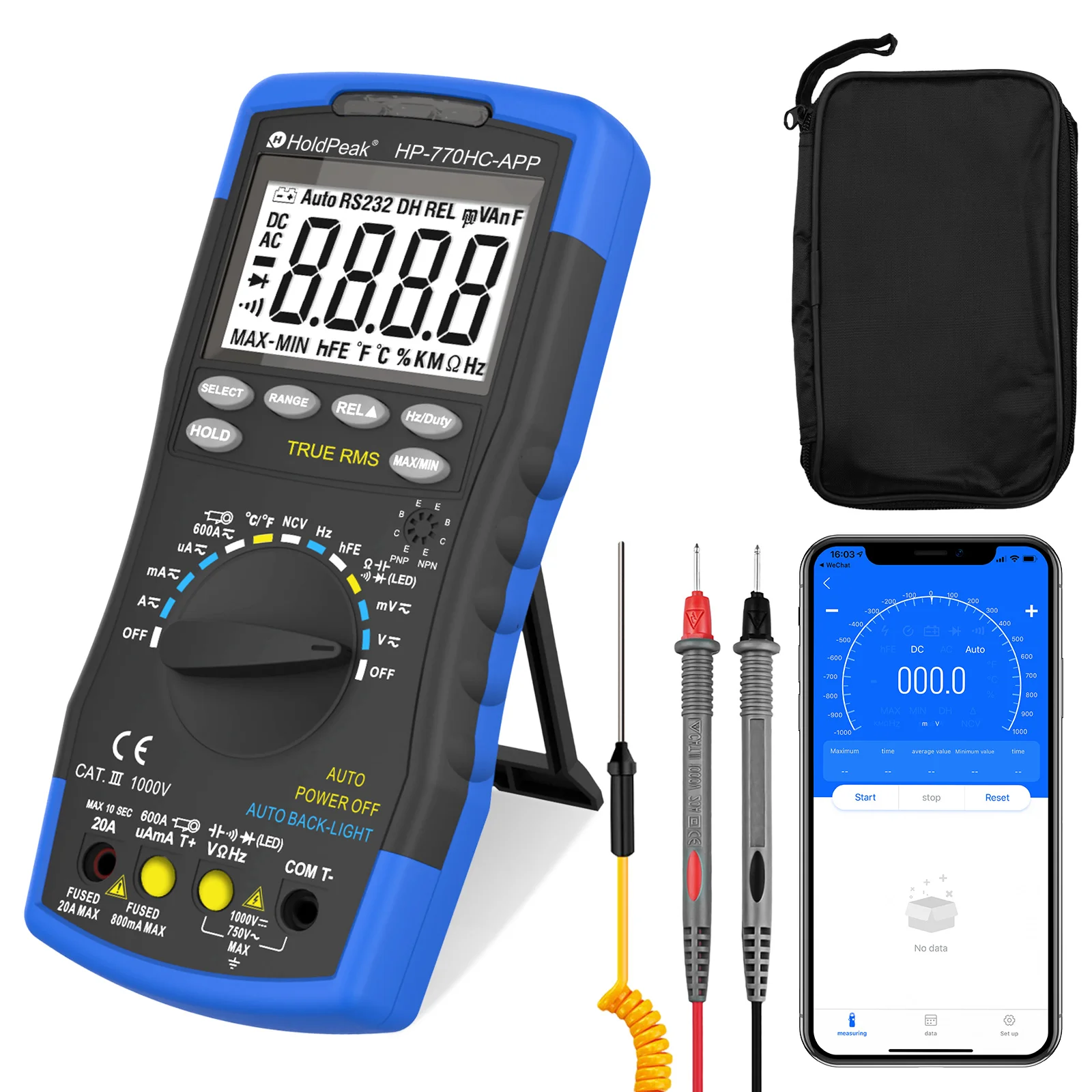 

HoldPeak HP-770HC-APP True RMS Digital Multimeter, 6000 Counts, Auto Ranging, AC/DC Voltage & Current, Wireless Bluetooth APP