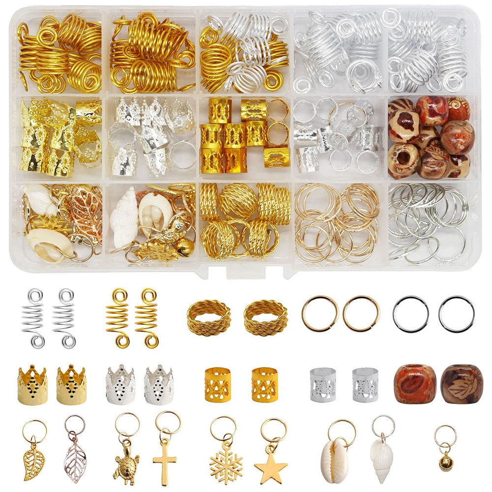 

158pcs/box Metal Hair Braiding Beads Dreadlocks Hair Cuffs Braid Rings Set