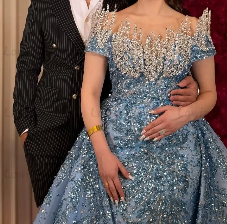 

Blue Prom Dresses Sparkly Crystal Off The Shoulder Wedding Party Dress 2025 Customized Overskirt Arabic Evening Engagement Gowns