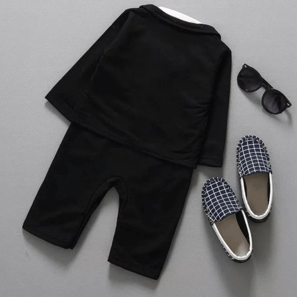2 قطعة/المجموعة الأسود سهرة شهم بوس ملابس الطفل مخطط سترة ربطة القوس فيونكة الاطفال الصبي دعوى مجموعة رومبير ارتداءها قطعتين الزي