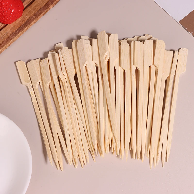 100Pcs 12CM Bamboo BBQ Skewers Hamburger Garnish Bamboo Sticks Disposable Barbecue Forks Party Cocktail Buffets Meat Fruit Tools