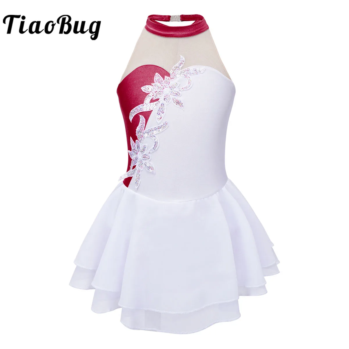 Sequin Floral Figure Ice Skating Dress Child Girls Ballet Gymnastics Leotard Halter Ballroom Competition Performance Dance Wear