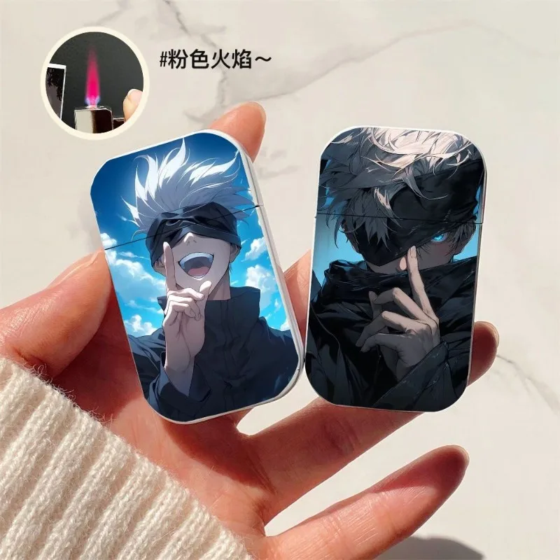 Jujutsu Kaisen Gojo Satoru Cartoon Personality Pink Flame Metal Lighter Creative Anime Flip Windproof Cigarette Lighter Gift