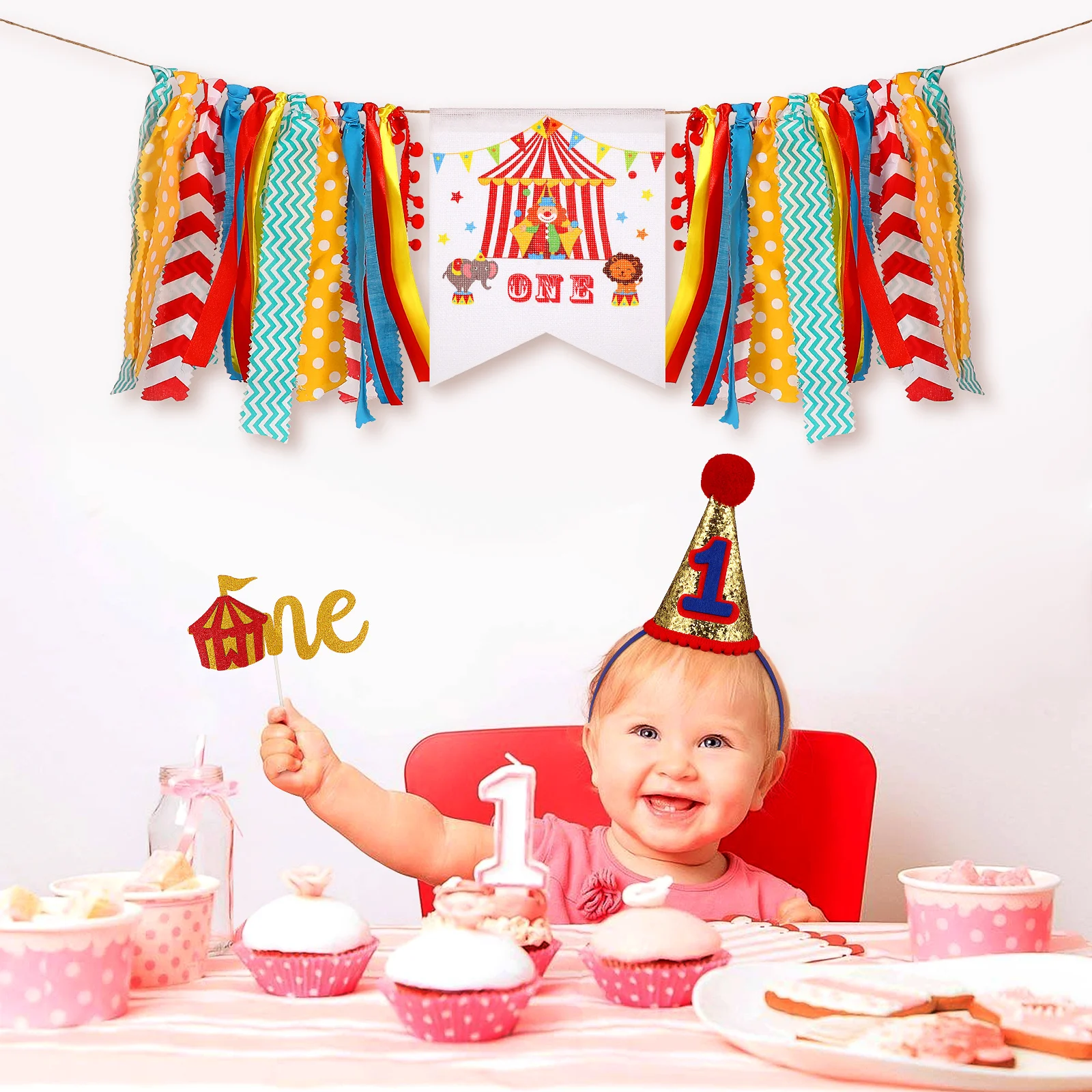 

3 pcs 1St Birthday Decorations Set Circus Animal Banner Cake Flag Hat For One Year Old Supplies Party Decorations