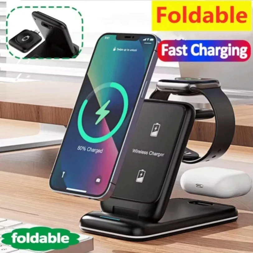 Fast Wireless Charging Station 30W 3 in 1 Foldable Wireless Charger Stand For iPhone 16 15 14 13 12 11 iWatch 8 7 6 Airpods Pro