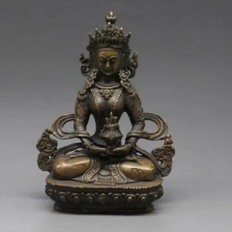 12.5cm Antique Bronze Amitayus Buddha Statue Tibetan Buddhism Longevity Buddha Lotus Seat Home Altar Worship Decor