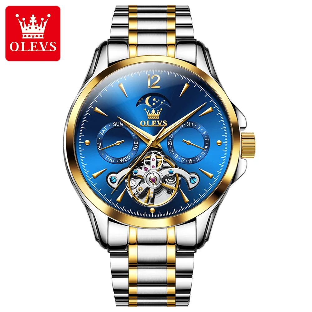 

OLEVS 6663 Automatic Mechanical Watch for Man Moon phase Waterproof Flywheel Design Stainless steel Wristwatch Men Luxury Brand