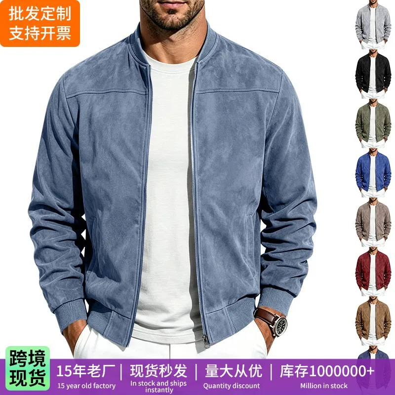 Long Sleeve Casual Coat Mid Length European and American Style with Stand Collar Patch Pocket Autumn Mid Long Length Men Jacket