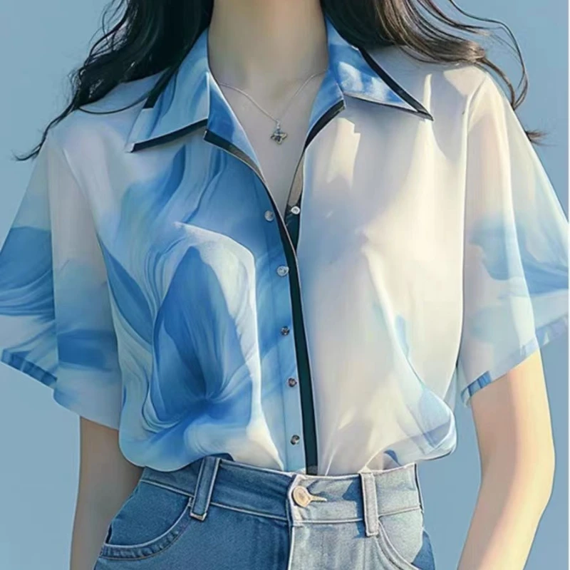 2024 New Summer Young Style Sweet Minimalist Fashion Loose and Versatile Blouses Printed Polo Collar Patchwork Women\'s Shirt Top