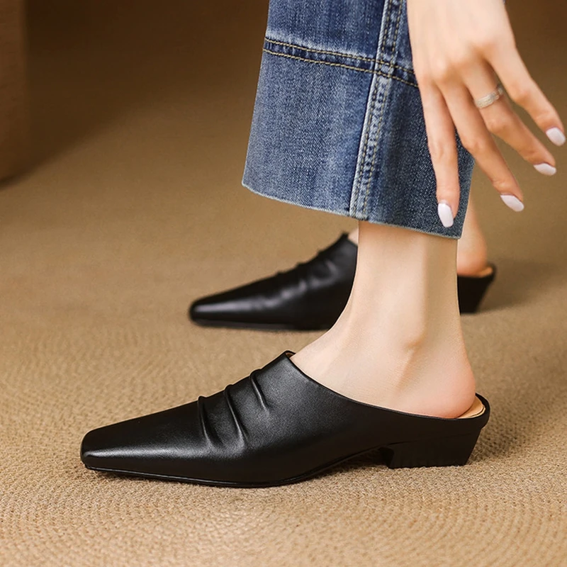 

НОВЫЕ летние женские туфли-лодочки из натуральной кожи для женщин, туфли на массивном каблуке с квадратным носком, сандалии на низком каблуке, плиссированные тапочки