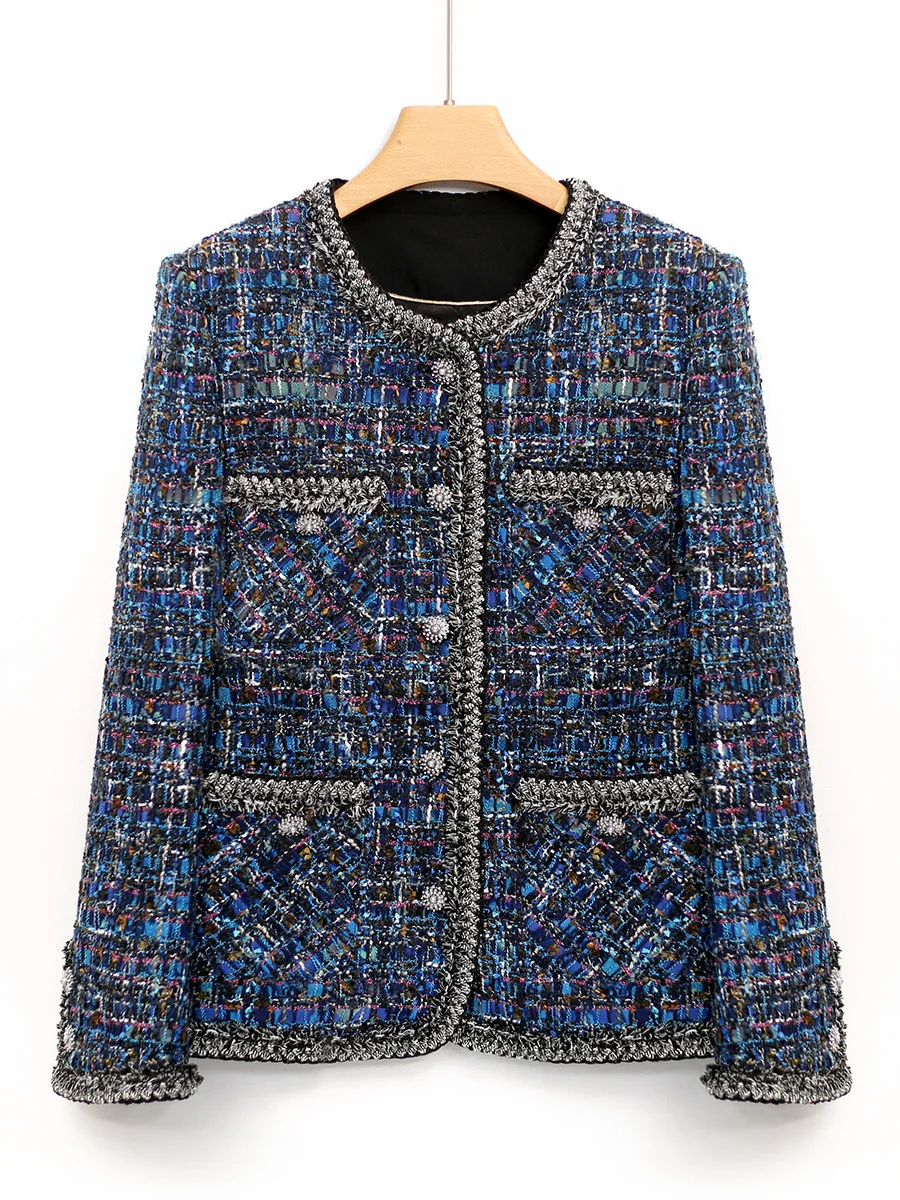 2024 Spring Chic Women's High Quality Blue Plaid O-neck Tweed Jacket Short Short Coat C699