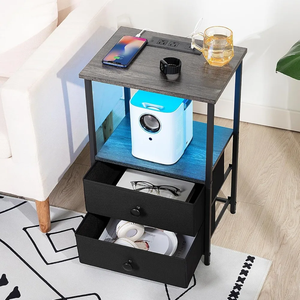 

Bedside table set 2, coffee table with charging station and LED, with storage shelf, for small spaces, bedside table side tables