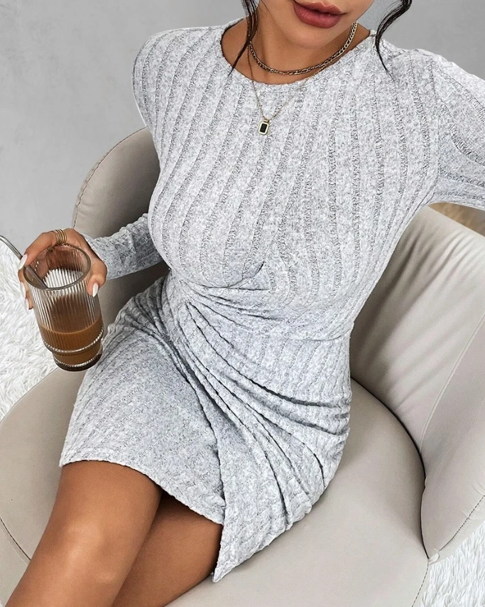 Autumn Fashion Dress Round Neck Long Sleeve Ruched Ribbed Bodycon Dress Elegant Dresses for Women Shipped Within 48 Hours