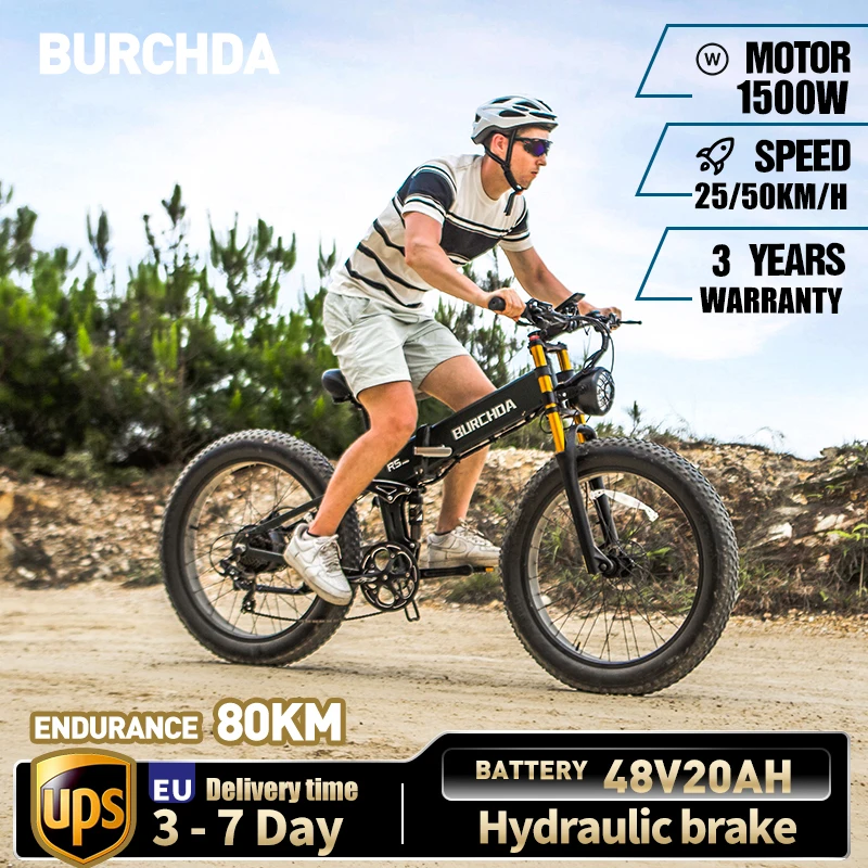 BURCHDA R5PRO 1500W50KM/H 26 Inch Foldable Mountain Electric Bicycle 48V20AH Lithium Fatbike Electric Bike For Adults Motorcycle