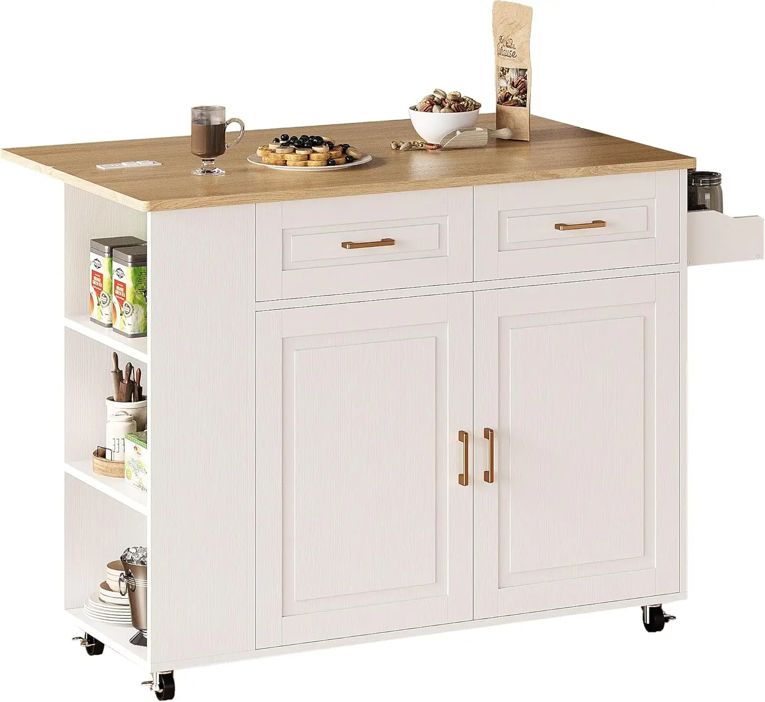 Rolling Kitchen Island with Storage, Kitchen Cart Cabinet with Drop-Leaf & Charging Station Drawer & Shelves & Spice Rack