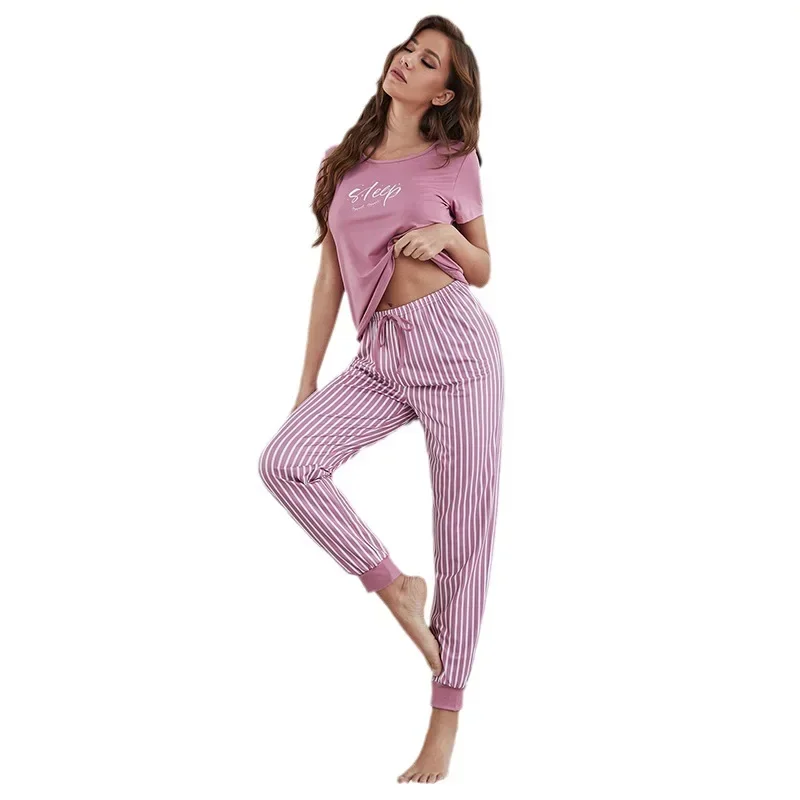 Conjunto de pijamas de 2 piezas para mujer, traje de casa para mujer, ropa de estar por casa suelta, traje de manga corta, pantalones largos, otoño