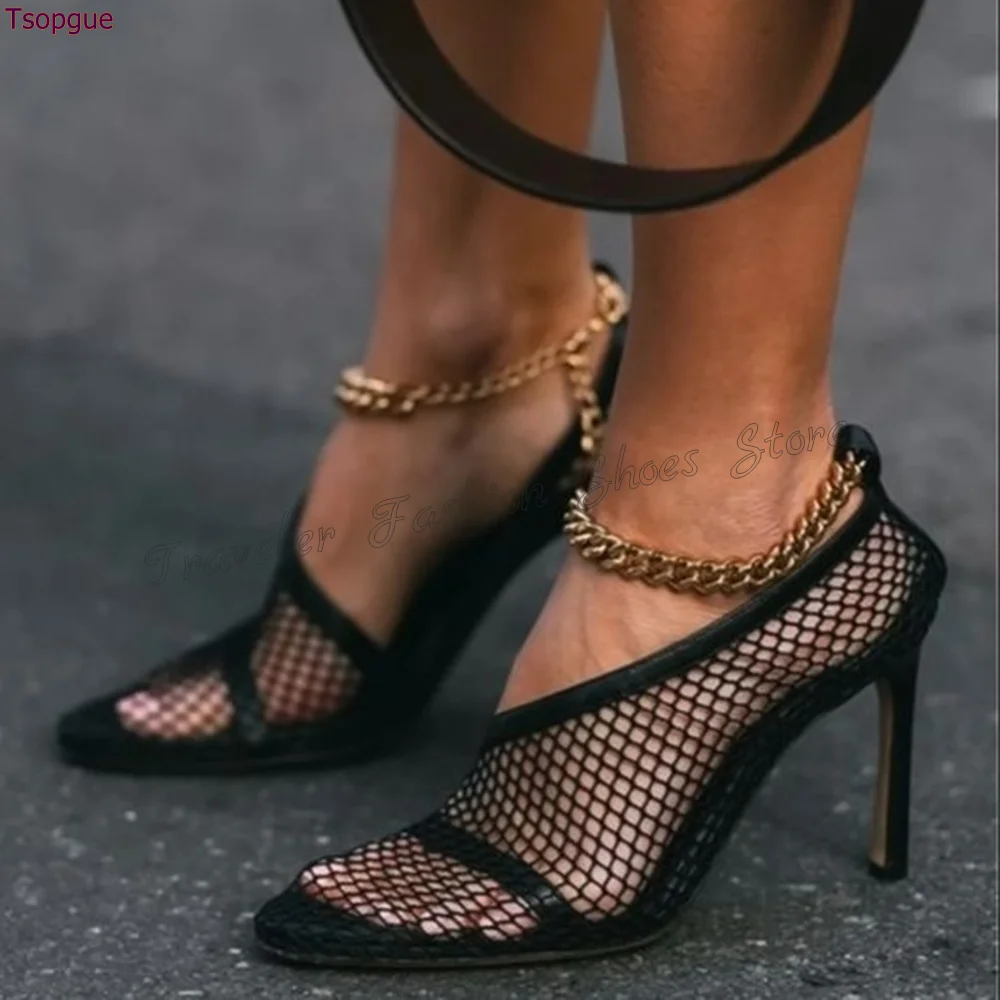 

Black Mesh Ankle Chain Decor Pumps Stilettos High Heels High Heel Shoes for Women Fashion Heels 2024 New Zapatos Para Mujere