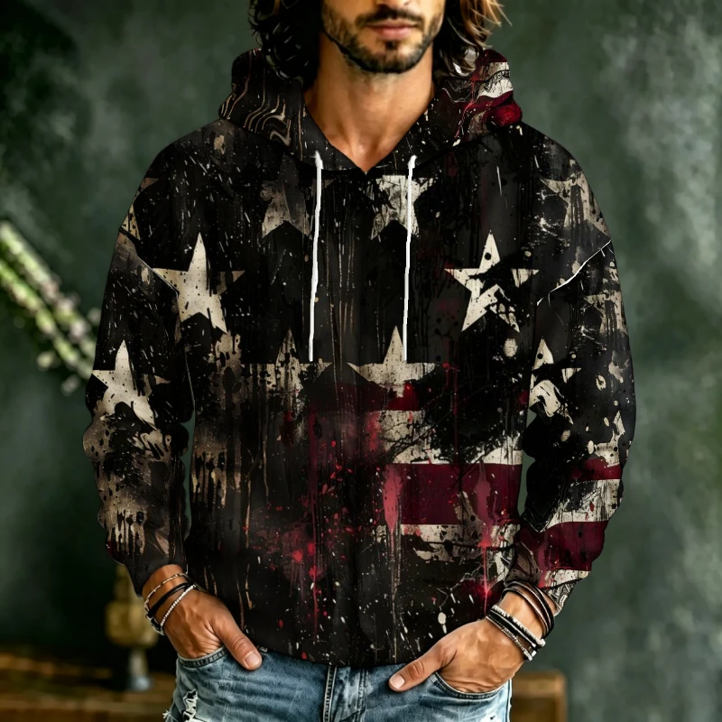 Men Zip Hooded Sweatshirt 3D Retro Usa Flag Star Textured Graphic Drawstring Stylish Daily Outer Garment For Male
