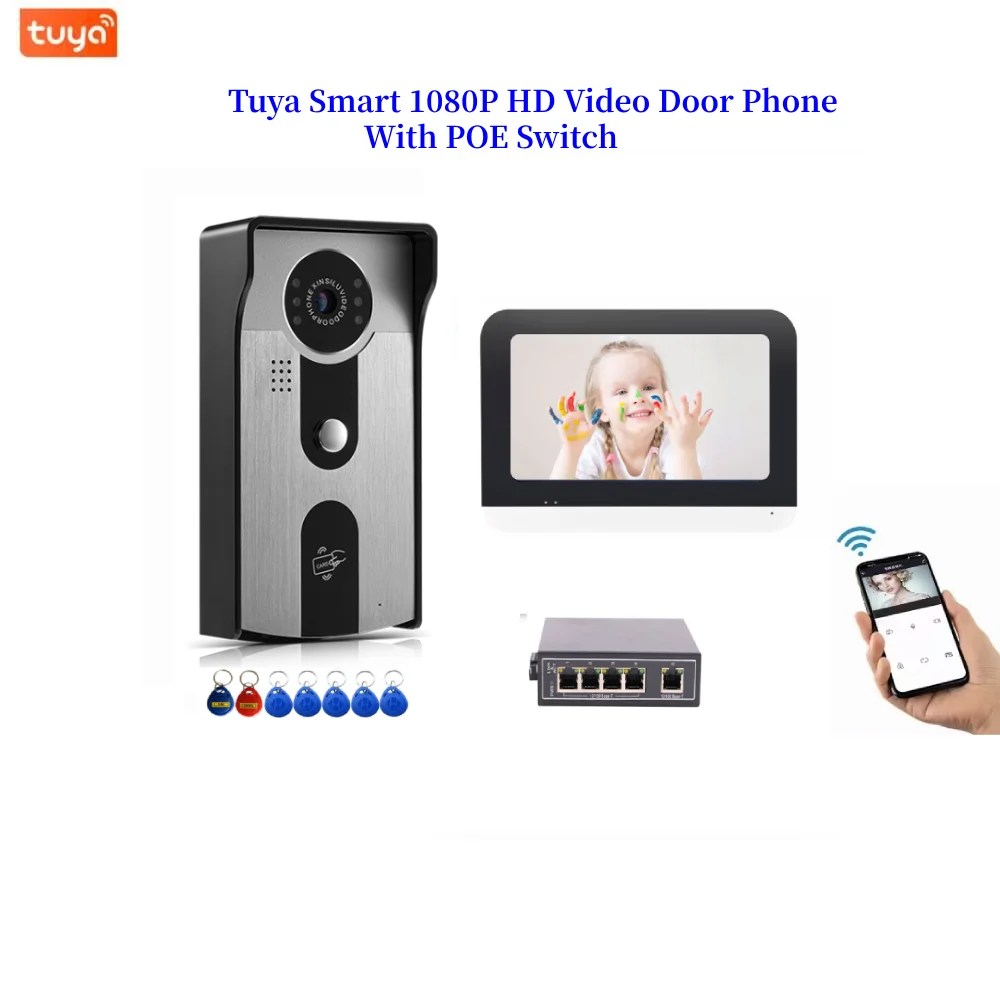 Tuya WIFI جرس باب يتضمن شاشة عرض فيديو مع POE التبديل بناء فيديو إنترفون 1080P HD شاشة تعمل باللمس فيديو باب الهاتف تتفاعل فتح مجموعة الكاميرا