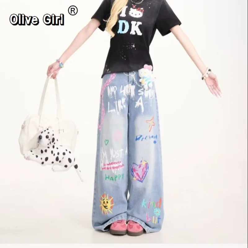 Olivegirl Oversized Jeans American Women's Trousers Dopamine Cartoon Printed Girl's High Street Graffiti Slim Wide Leg Pants