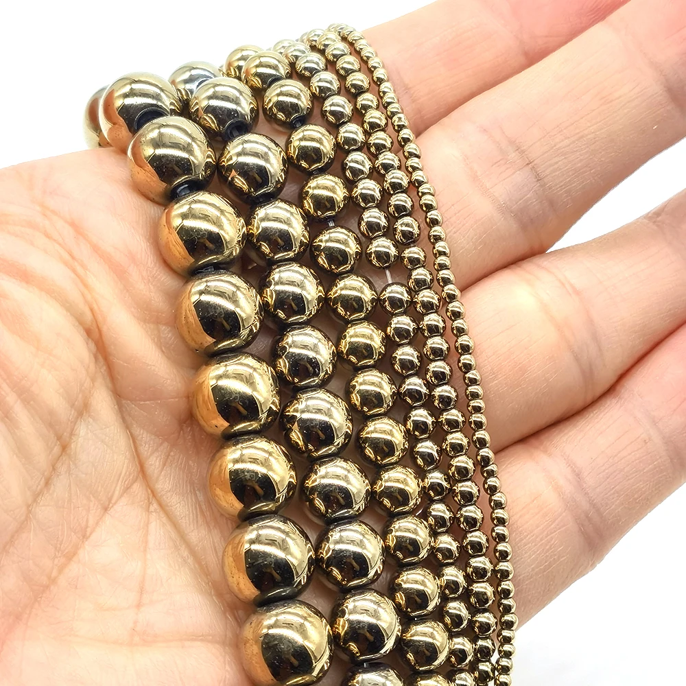 

KC Gold Color Plated Beads Natural Hematite Crystal Stone Round Loose Bead For Jewelry Making DIY Bracelets Necklace Accessories
