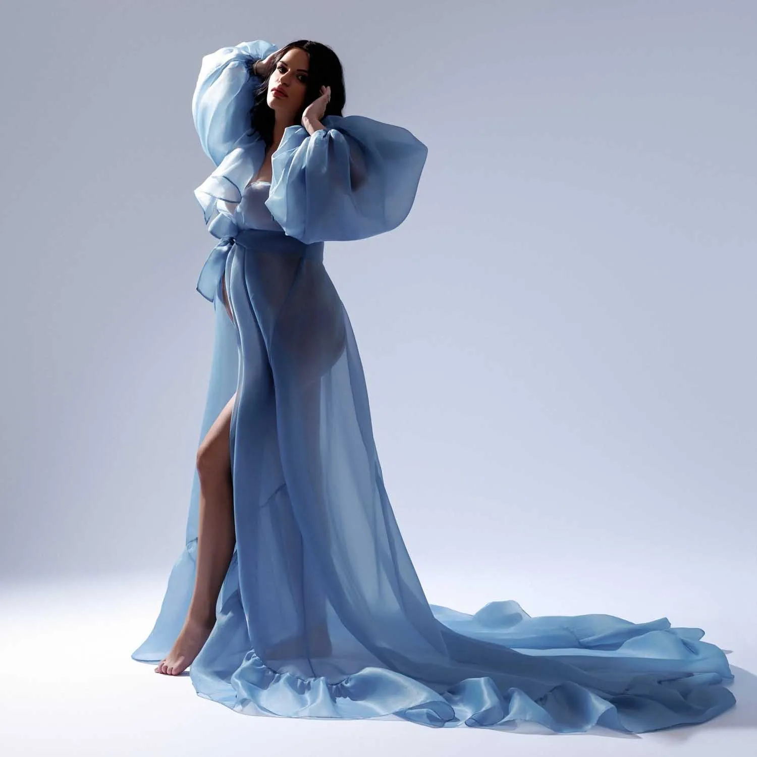 ชุดเดรสคลุมท้องออร์แกนซ่าสีฟ้าไหล่แขนพัฟชุดคลุมท้องโปร่งใส платье для беременных