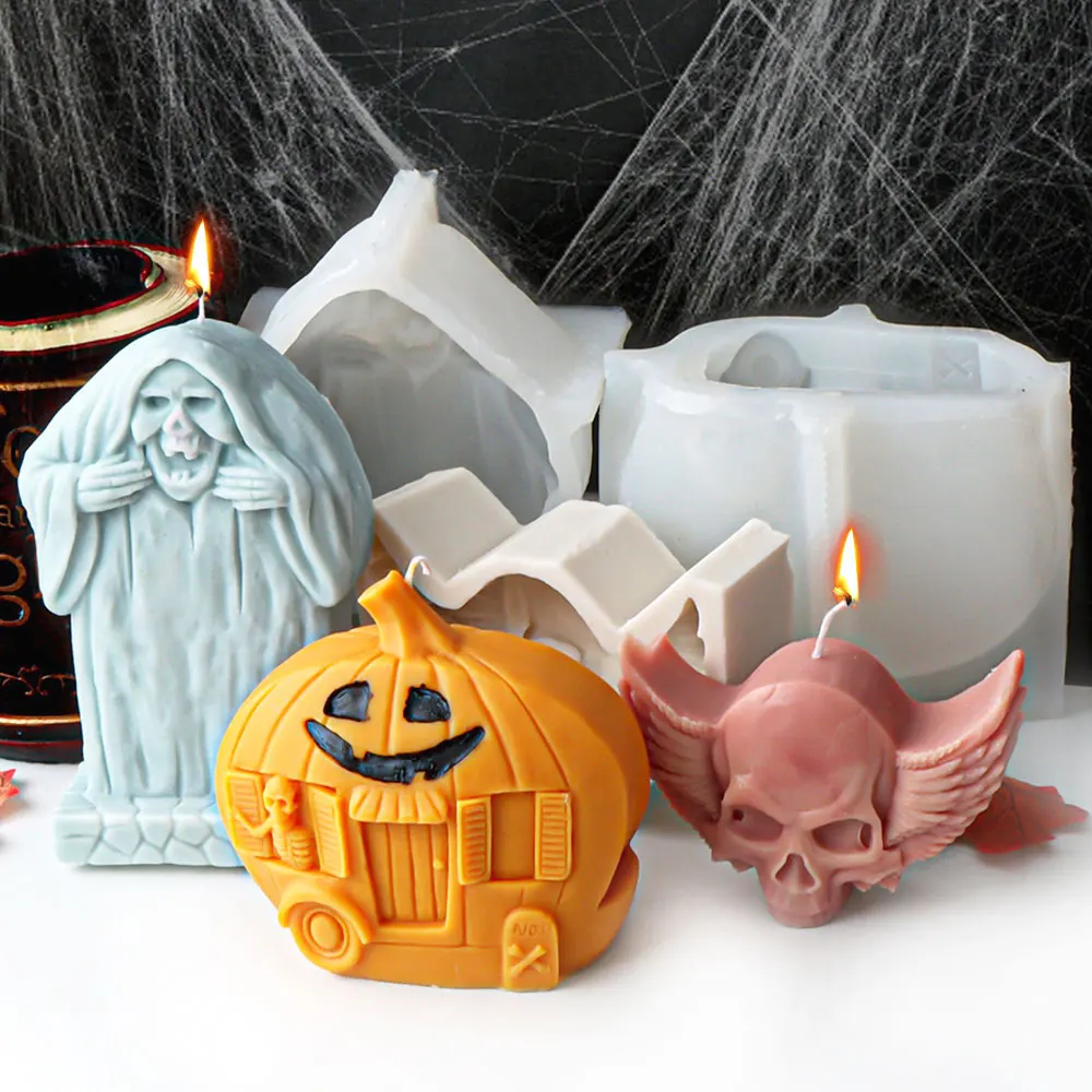 Pumpkin Carriage Painting Plaster Silicone Mold Terror Zombie Candle Resin Making Set Wings Skull Halloween Funny Chocolate Gift