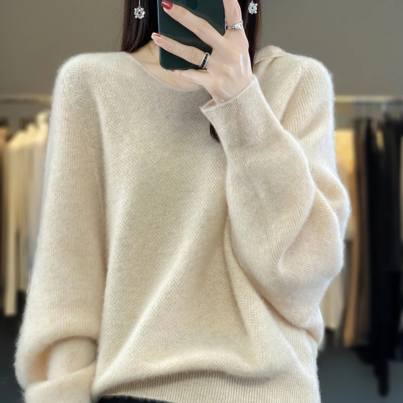 

2024 New Cashmere Sweater European Beautiful Fashion Sweater Female Autumn and Winter Korean Version Loose Hooded Sweater Female