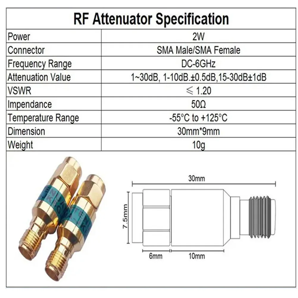 New Attenuator SMA 6GHz Attenuator SMA Male To Female Coaxial Attenuator DC Blocking Connector Gold 2W Attenuator