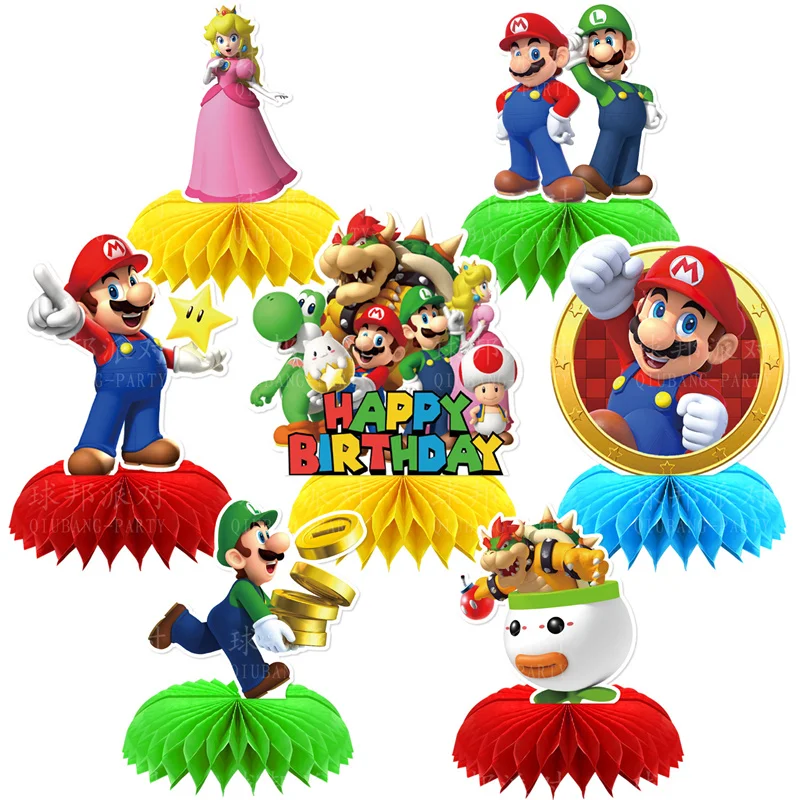 

New 7 Pieces Super Mario Birthday Party Decoration Kids Party Supplies Cupcake Decoration Background Centerpiece