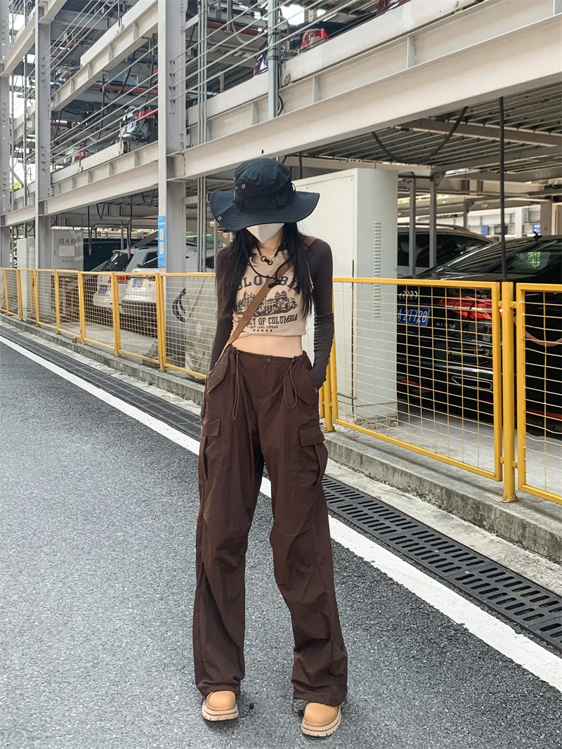 

Vintage High-Waisted Drawstring Overalls Leggings Women's Early Autumn Loose Wide Leg Pants Straight Leg Pants Long Pants