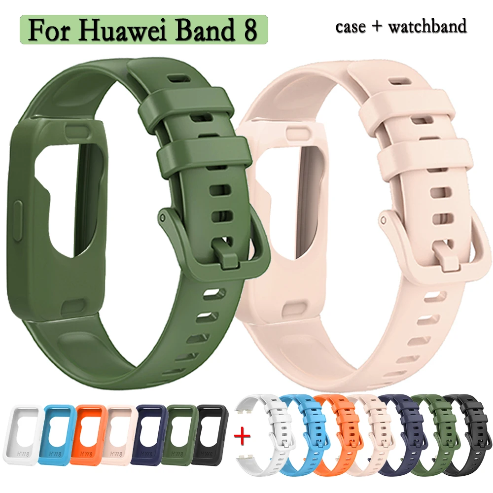 2 in 1 Strap + Case For Huawei Band 8 Silicone Wrist Strap Watch Band Same Color Buckle Accessories Replacement Bracelet Correa