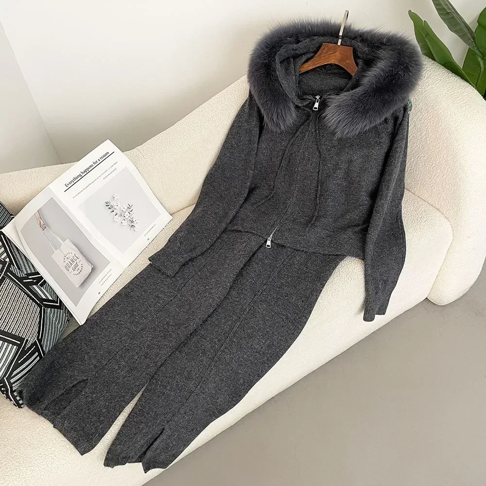 OFTBUY Strickwaren Herbst und Winter Modischer Pulloveranzug Damen Hose Kapuzenjacke mit abnehmbarem Fuchspelzkragen Pelzmantel