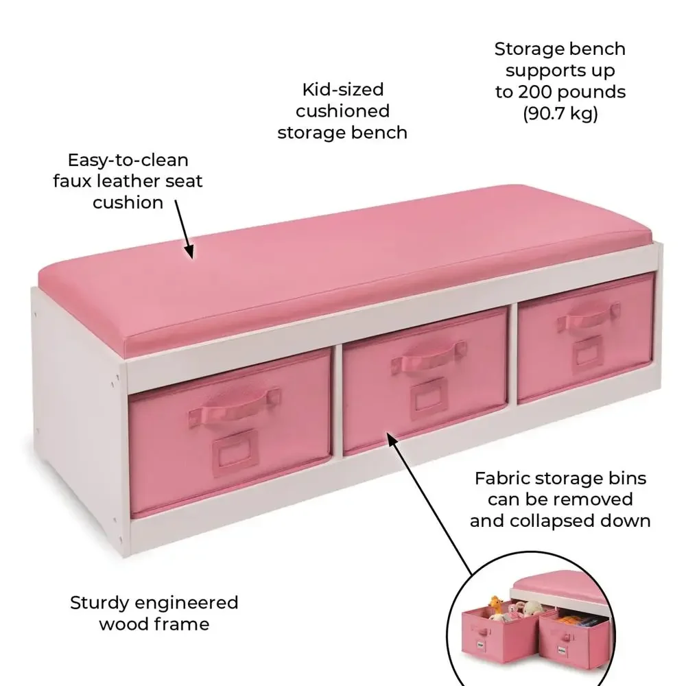 Kids Storage Bench with Cushion and Removable Bins White/Pink Cozy Seat Organizer