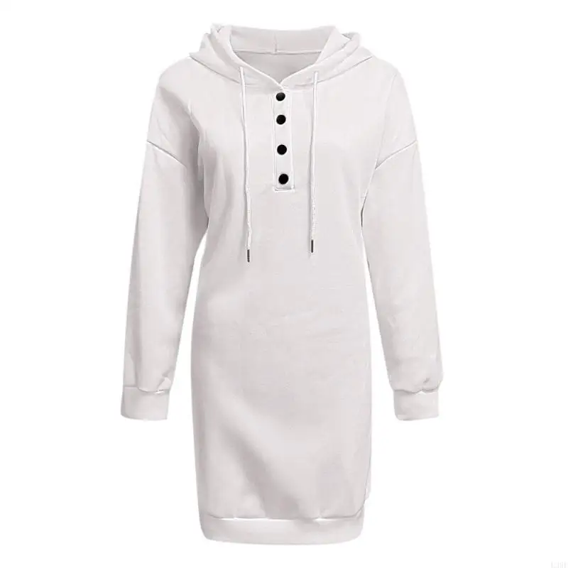 L38E Women Everyday Hoodie Dress Long Sleeve Pullover Pockets Drawstring Adjustable Tops for Casual Occasion and Styles