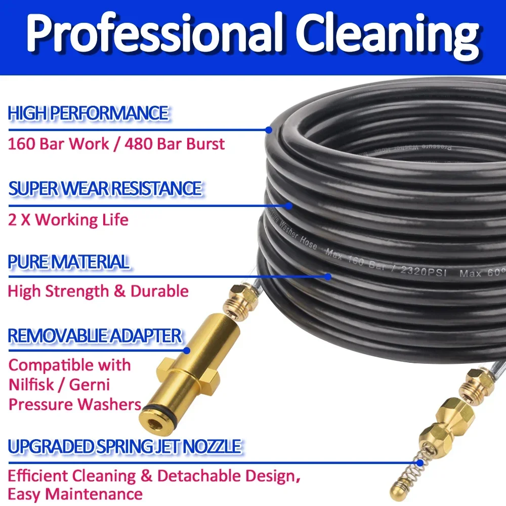 High Pressure Washer Sewer Drain Water Cleaning Hose Pipe Line Cleaner Sewage Jetter Hose Kit for Nilfisk Gerni Greenworks