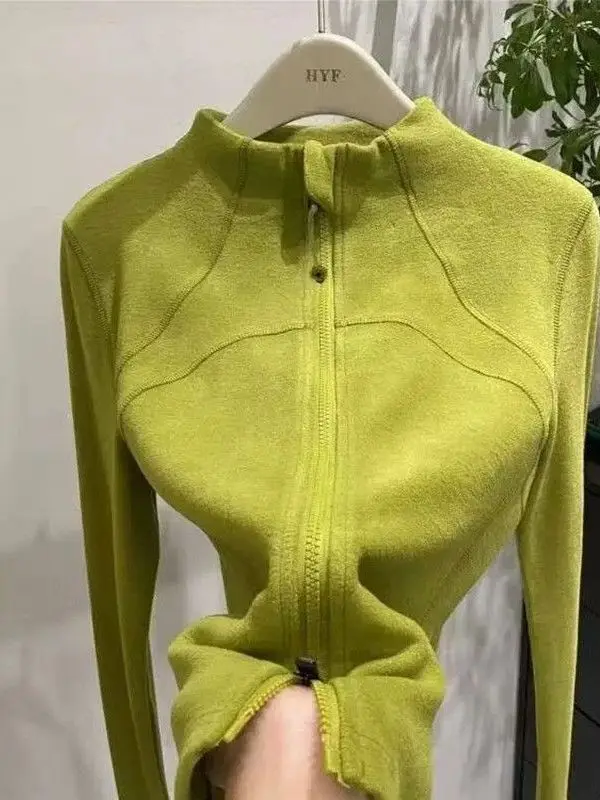 

Green Stand Collar Fleece Lined down Jacket Women's Slim Fit Design Casual Style Zipper Closure Long Sleeve Warm Top