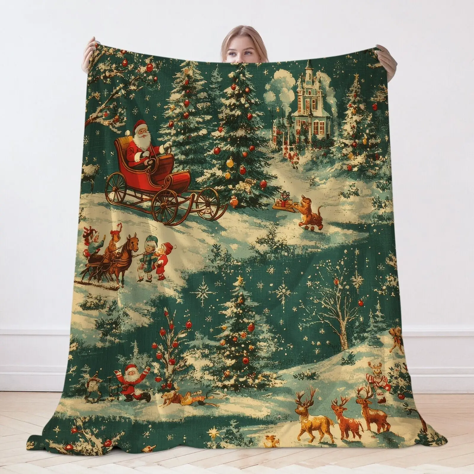 Merry Christmas Santa Claus Blanket, Reindeer Sleigh Throw Cover Gifts For Kids