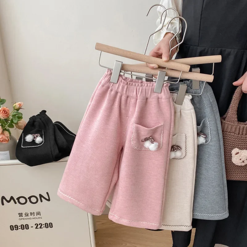 Girls Pile Pants Autumn and Winter Wear One-piece Velvet Casual Pants for Baby Girls with Thick and Warm Wide-leg Pants