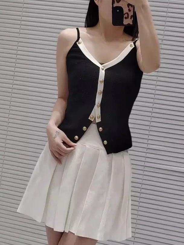 

High-End Version Parisian Gold Bule V-Ne Slim Fit Svel Knitted Top Sexy Strap Vest Euro Sle Summer Faion Women'...