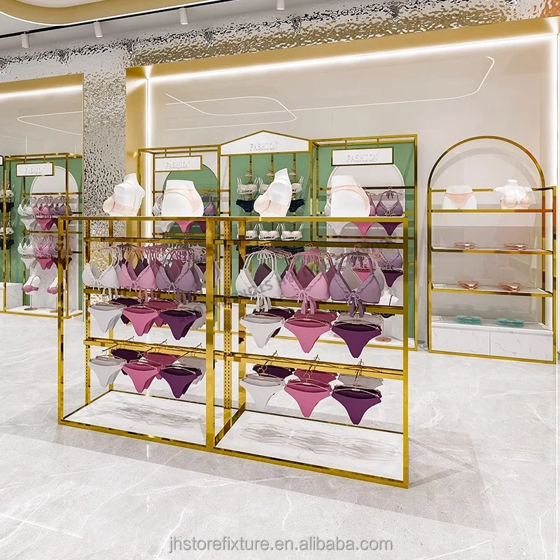 Fabrikpreis Freistehendes Dessous-Display-Regal aus Edelstahl, glänzendes Gold, Dessous-Display-Ständer, Unterwäsche-Display-Rack