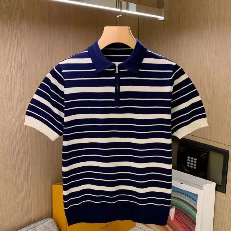 

Spring and Summer New Striped Thin Contrasting POLO Knitted Shirt Men's Short Sleeved Breathable Lapel Loose Versatile