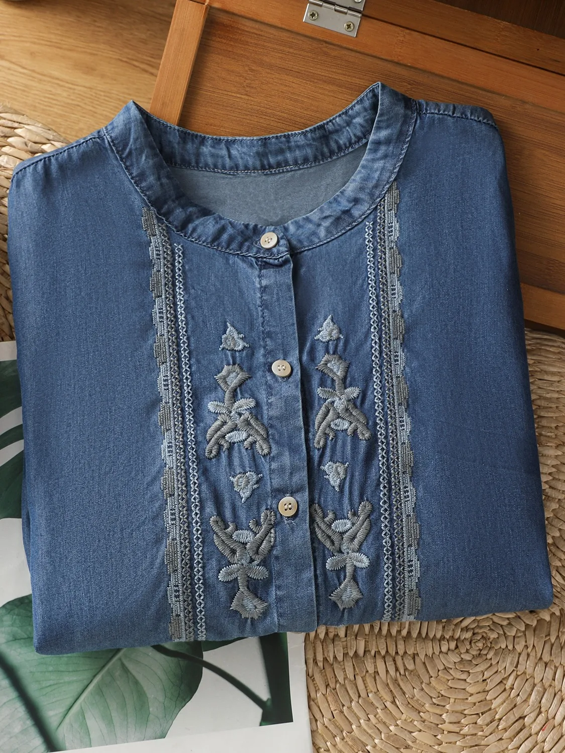 Retro seda jeans ort Sve bordado irt feminino verão fino luxo high-end ele chinês sle top algodão poliéster...