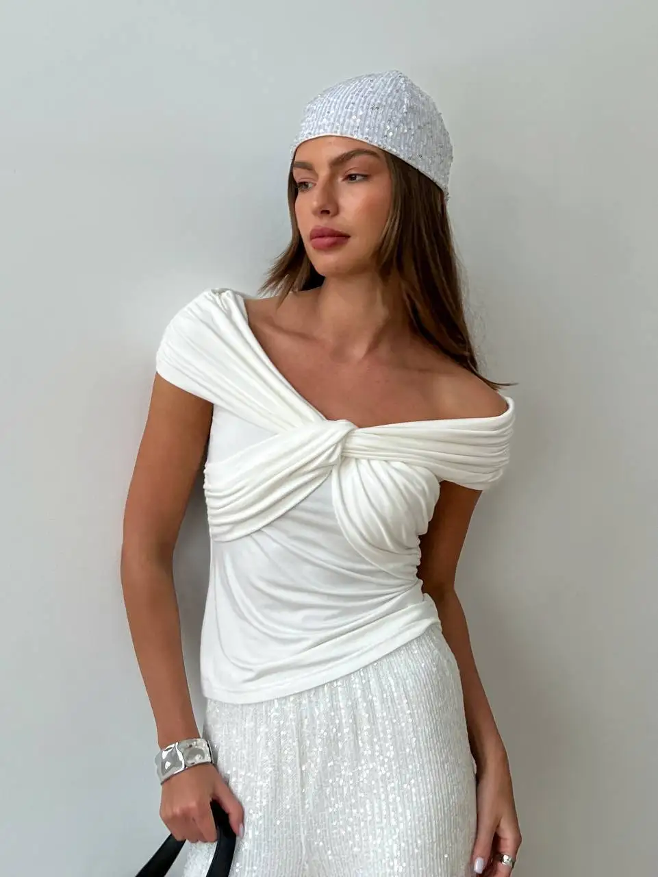 Chic Off-Shoulder Knitted Top for Women, Long Sleeve Shirt, Tube Corset, Crop Top, Vintage Bustier, White, Elegant, Female, Y2k,