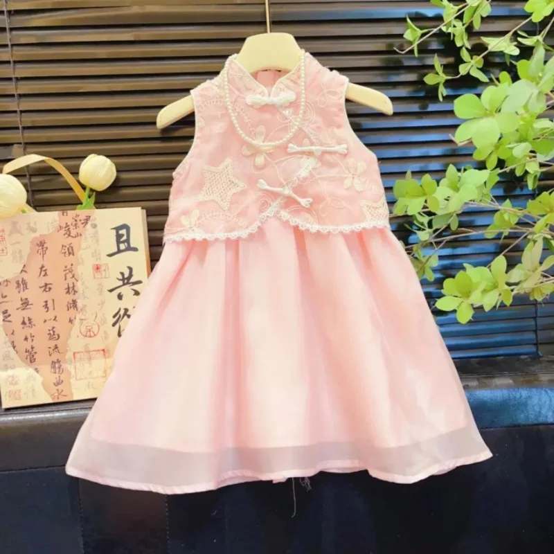 Girls' Traditional Chinese Sleeveless Dress, New Summer Style for Baby Girls, New Chinese Style Lace Patchwork Hanfu Tank Dress