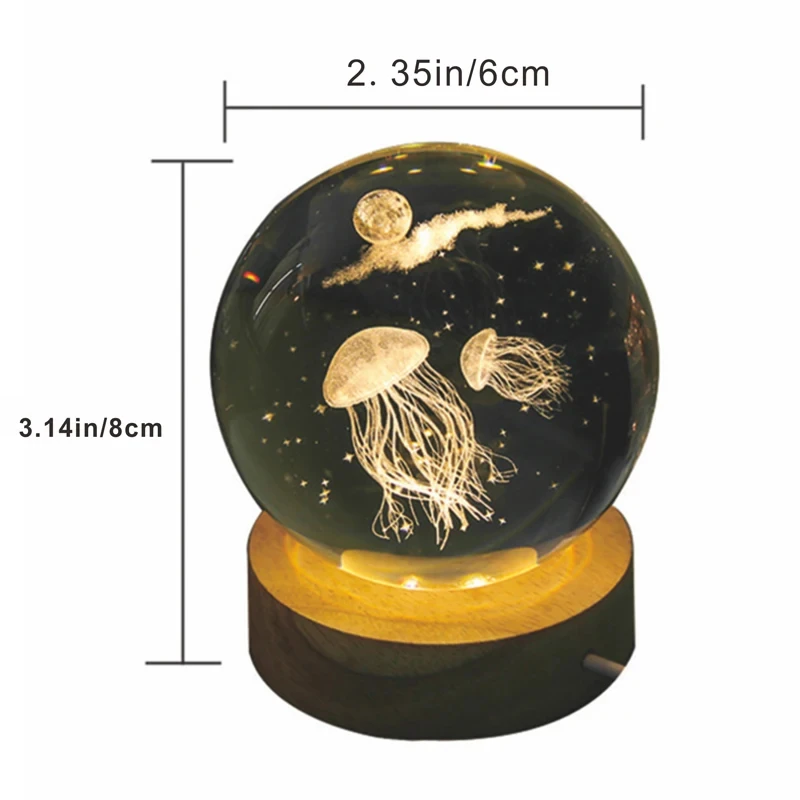 3D Jellyfish Laser Engraved Crystal Ball LED Night Light Birthday Girlfriend Classmate Wife Children Christmas Day Gift Decor