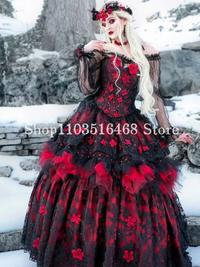 Vintage Gothic Victorian Evening Dresses Black Red Sweetheart Neck Floral Embroidered Lace Ruffles Costume Party Halloween Dress