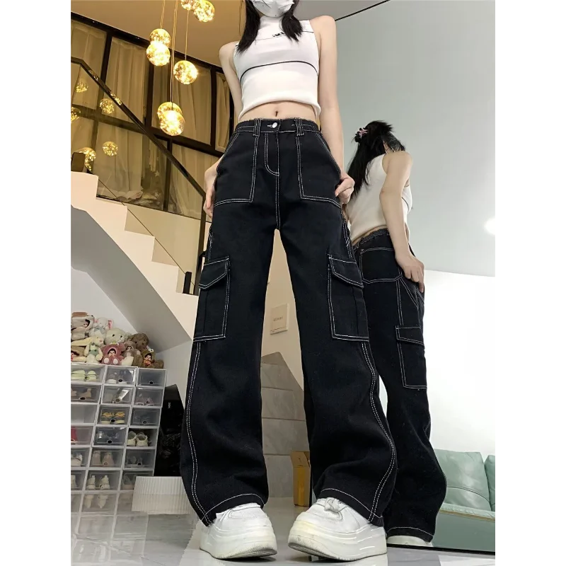 

Красивые джинсы с высокой талией, американская карманная рабочая одежда, свободные брюки в уличном стиле с широкой талией, рабочая одежда